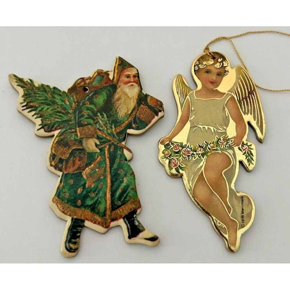 Vtg Merrimack Paperboard Die Cut Christmas Ornaments Lot of 2 1970s Victorian